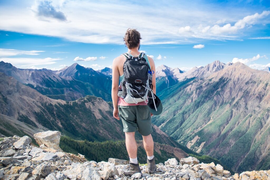 adventure, altitude, backpack, nature, climb, exploration, freedom, high, hike, landscape, man, mountain peaks, mountains, outdoors, person, pinnacle, rocks, scenic, sky, summer, travel, trek, view, viewpoint, blue sky, blue travel, blue landscape, blue mountain, blue summer, blue rock